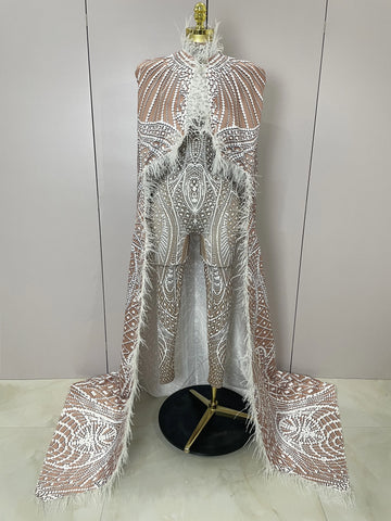 Luxury Feathers Cloak White Printing Sexy Sheath Jumpsuit Women Evening Party Bar Nightclub Singer Stage Performance Costume