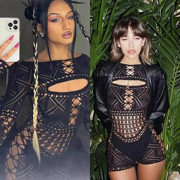 Sex Dress Jumpsuit with Hollowed Out Tight Lace and Sexy Hip Hugging Skirt Casual Women's Long Dresses Daring Lingerie Woman