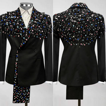 Luxurious Black Wedding Tuxedos 1 Piece Set Jacket Colorful Crystal Men Suit Peaked Lapel Customized Groom Wear Party Suits