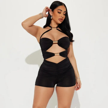 Sexy Hollow Out Women Playsuits Fashion Metal Rings Backless Skinny Rompers Vacation Club Party
