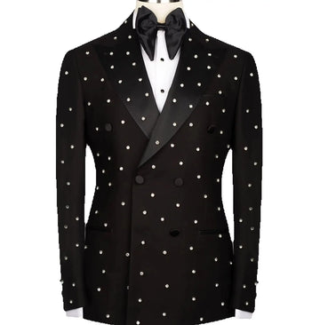 Luxury Black Solid Suits Men For Wedding Sparkly Gemstone Beading Blazer Customized Double Breasted Jacket Pants 2 Piece Tuxedos