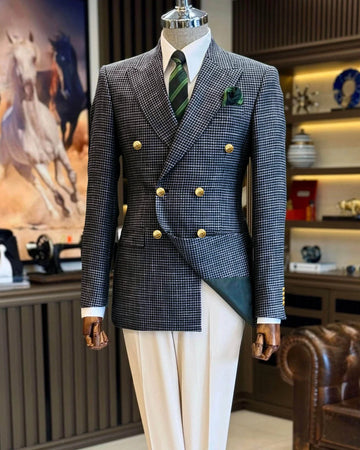 Men's Suit Navy Blue Houndstooth Peak Lapel Double Breasted Business Regular Fit Blazer Man Suit Jacket