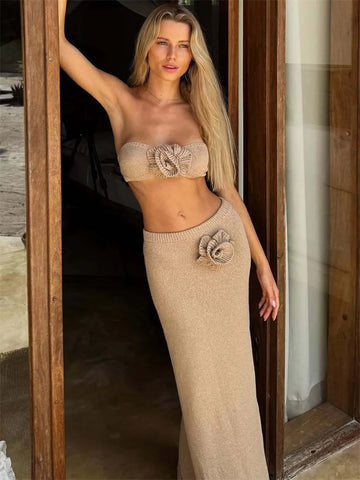 Female Knit 2 Piece-Set Long Skirt Floral Patchwork Tube Tops and High Waist Slim Beach Skirt Sets Knitwear Women Outfits