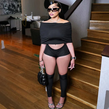 Women's Spring Summer One-Shoulder Turn-down Collar Top Bodycon Three-quarter Pants Leg Socks Three-piece