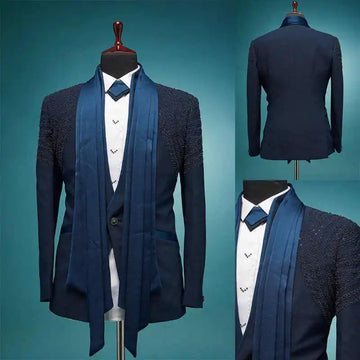 Classic Wedding Tuxedos 2 Piece Set Jacket Pants Shawl Lapel Men Suit Beaded One Button Groom Wear Party Suits Customized