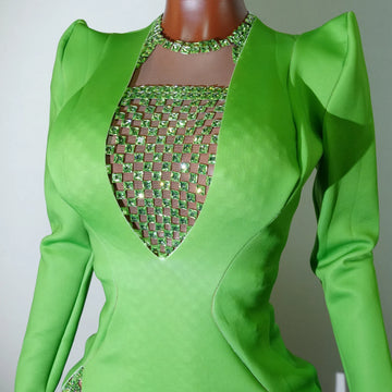 New Shiny Rhinestone Green Short Dress 2Pcs Set Skirt Mini Club Celebrity Runway Party Birthday Prom Stage Show Queen Outfit