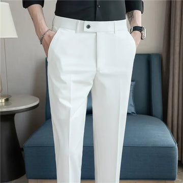 Thin White Elastic Nine Cent Suit Pants for Men,gray Blue Four-side Elastic Comfortable Drape Men's Casual Trousers