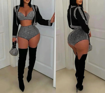 Women Luxury Sparkly Rhinestone Jacket Bra Top Shorts Three Pieces Set Sexy Nightclub Bar Dance Singer Performance Stage Outfit