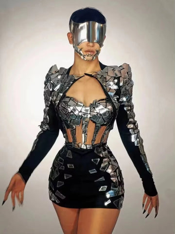 Sparkly Sexy High Street Mirrors Three Piece Sets Women Outfit Dancer Performance Costume Nightclub Bar Party Show Stage Wear