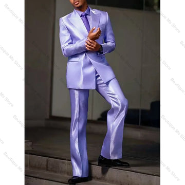 Purple Satin Single Breasted Men Suit Two Pieces(Jacket+Pants) Outfits Casual Party Prom Wedding Set