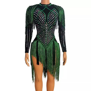 Nightclub Outfit Show Stage Wear Sparkly Rhinestones Tassel Leotard Sexy Dance Costume Crystals Black Green Fringes Bodysuit