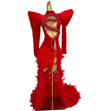 Unique Red Feather Elegant Dress for Women Celebrate Costume Evening Party Dress Blingbling Diamonds Birthday Gowns