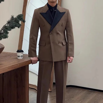 British Style Men Double Breasted Spliced Collar Business Work Formal Suit Set Blazer Jacket Pants Two Piece Wedding Dress Suits