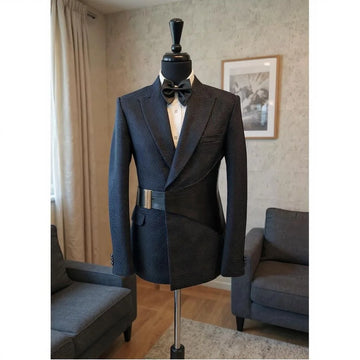 Unique Wedding Tuxedo for Slim Fit Men Suits 2 Pcs Peaked Lapel with Buckle Party Groom Business Blazer Custom Jacket Pants