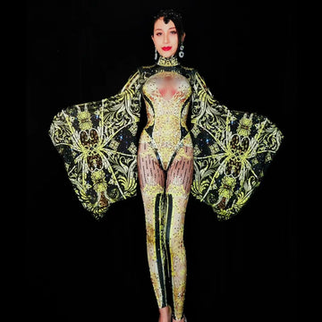 Gold Rhinestones Jumpsuit Women Sexy Leotard Big Sleeve Stage Costumes Singer Performance Outfits Dancer Rompers