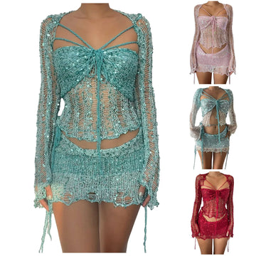 Ensemble deux pièces sexy en crochet tricoté avec jupe, haut court à paillettes et mini-jupe, tenue élégante et ajourée pour femme