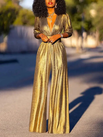 Women Fashion Shiny Sexy Deep V-neck Wide Leg Prom Jumpsuits New Spring Summer Solid Color High Street Outfits