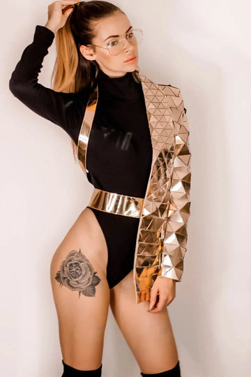 Chaqueta de lentejuelas geométricas de una manga - Abrigo de vendaje dorado - Chaqueta de noche para discoteca - Prenda exterior asimétrica de moda