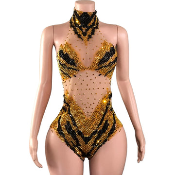 Sparkly Rhinestones Bodysuit for Women Sexy Mesh Transparent Performance Dance Costume Singer Dancer Nightclub Stage Wear