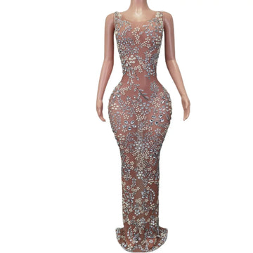 Exy Sparkly Rhinestones Mesh Long Dress Women Wedding Birthday Party Celebrate See-Through Mesh Dress Stage Photo Shoot Gowns