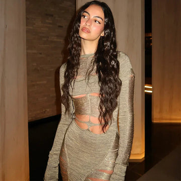 Sexy Hollow Out Evening Party Maxi Dress for Women Long Sleeve Backless Slimming High Waist Luxury Robe New Summer Y2k
