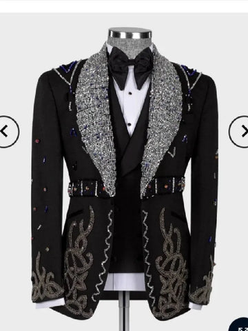 Sparkly Men's Suits Tailor-Made 3 Pieces Blazer Vest Pants One Button Sequins Satin Peaked Lapel Business Wedding Groom Tailored