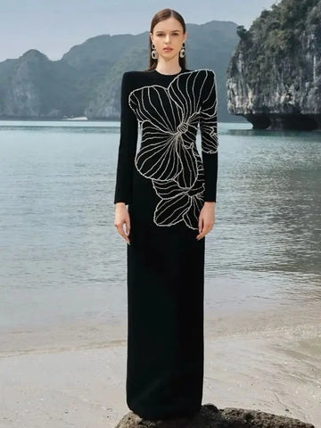 Newest Fashion Party Vestido Women's Long Sleeve Luxurious Diamonds Beaded Crystal Long Maxi Dress
