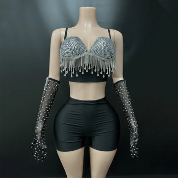 Women Special Occassion Dance Outfits Dress Diamonds Tassel BusiterTop and Bodycon Shorts with Gloves 3 Pieces Sets Costumes
