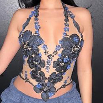 Women Sleeveless Halter Tops Summer Appliques Floral Print Sheer V-Neck Backless Shirts for Streetwear Aesthetic Grunge Clothes