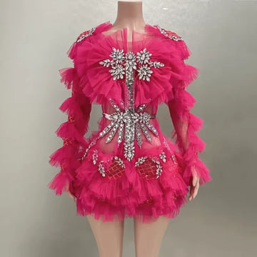 Shiny Peach Red Sexy Layer Pleated Mesh Dress Evening Dress Performance Clothing Singer Stage Clothing