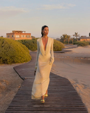 Solid Hollow Sexy Knitted Long Dress Women Full Sleeve See Through V Neck Slim Dresses Lady Chic Elegant Seaside Vacation Robe