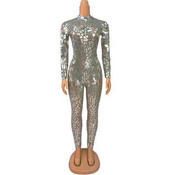 Sparkly Silver Mirrors Shining Bodysuit Women's Party Celebrate Outfit DJ Singer Show Dance Perform Stretch Outfit