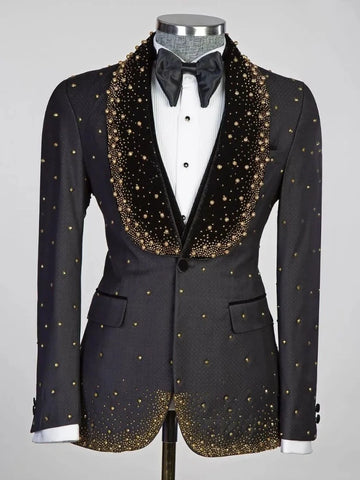 Blazer de 3 piezas con perlas y exquisitos pantalones y chaleco para hombre, traje de un botón con solapa de pico, formal, para graduación, boda, novio, talla grande, a medida.