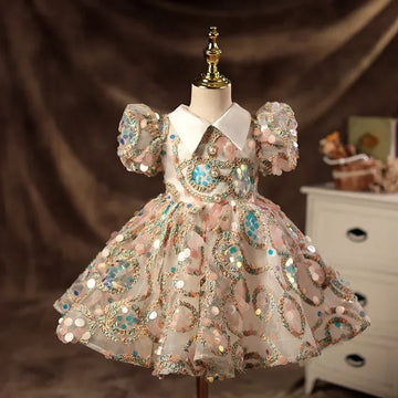 Robes de demoiselle d'honneur personnalisées à paillettes exquises, manches bouffantes, col rabattu, jupe pour enfants, robe de bal à plusieurs niveaux, anniversaire de fille
