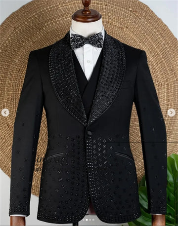 Sparkly Crystals Bead Men Suits 3 Pieces Sets Groom Tuxedos Slim Fit Business Wedding Trajes Para Hombre Customized Prom Blazer