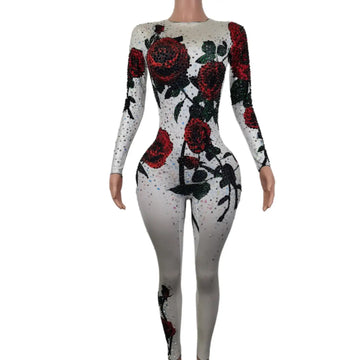Shining Nightclub Diamond Slim Fit Women Jumpsuits Birthday Party Singer Dancer Stage Clothes Flower Pattern Rompers