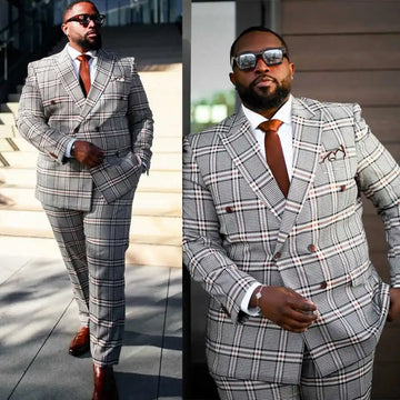 Plus Size Plaid Wedding Tuxedos 2 Piece Set Jacket Pants Double Breasted Men Suit Fashion Groom Wear Party Suits Customized