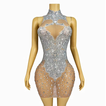 Rhinestones Sleeveless Party Dress Elegant Women Sexy Mesh Stretch Evening Prom Gowns See Through Birthday Costume