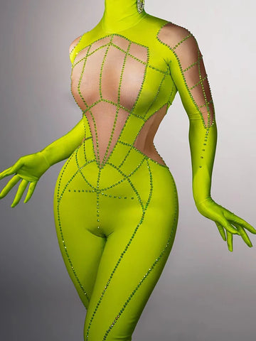 Fashion White Green Women Jumpsuit Long Sleeve Gloves Rhinestones Sexy Club Party Wear Dance Singer Stage Performance Costumes
