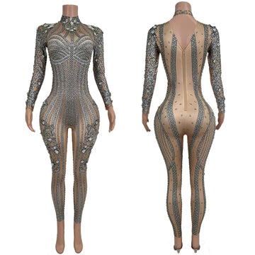 Spandex Printing Elastic Jumpsuit Sexy Women Tight Fitting Jumpsuit Sparkly Rhinestone Night Party Dance Stage Performance Wear