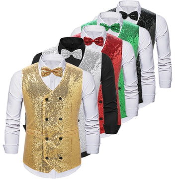 New Fashion Shiny Sequin Suit Vest for Men, Gold /Silver Double Breasted Chalecos De Vestir Hombre