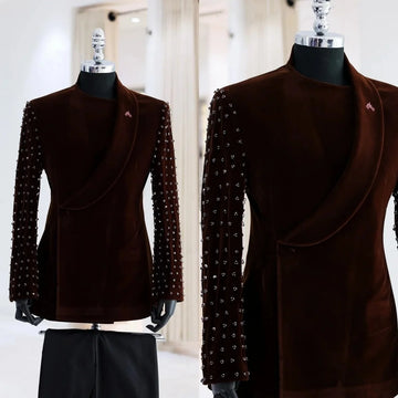 Men Suits Vintage Shawl Lapel Rhinestone Tailor-Made 2 Pieces Set Jacket Velvet Double Breasted Blazer Customized Coat Pants