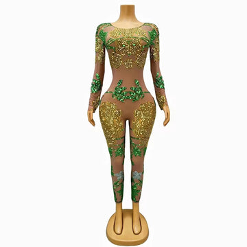 Gold Green Rhinestone Tight Jumpsuit Elastic Mesh Leotard Dance Costume Birthday Party Rompers Bar Singer Performance Stage Wear