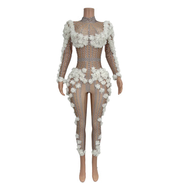 Fashion White Flowers Diamonds Jumpsuit Women Club Bodycon One Piece Playsuits Stage Costume Singer Performance Wear