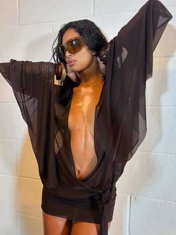 Vestido mini de malla irregular para mujer, sexy, transparente, elegante, de manga larga, cuello bajo profundo, ajustado, estilo vendaje, vestido coqueto para mujer