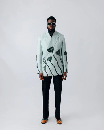 White Jacquard Men Suits Set 2 Pcs Blazer+Pant Trousers Crystals Flower Wedding Tuxedo Cotton Formal Office Groom Prom Jacket