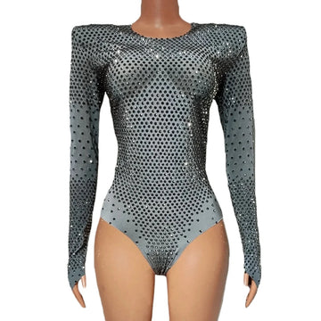 Sparkly Silver Rhinestones Long Sleeve Bodysuit for Women Sexy Performance Dance Costume Dancer Show Stage Wear Nightclub Outfit