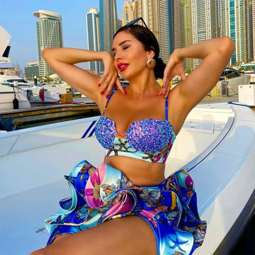 Printed Blue Two-Piece Women'S V-Neck Sleeveless Short Top High Waist Mini Skirt Sexy Sequined Two-Piece Set