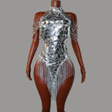 Glamorous Shiny Silver High Neck Off Shoulder Chain Embellished Geometric Patchwork Tassel Hem Bodysuit Mini Evening Garment