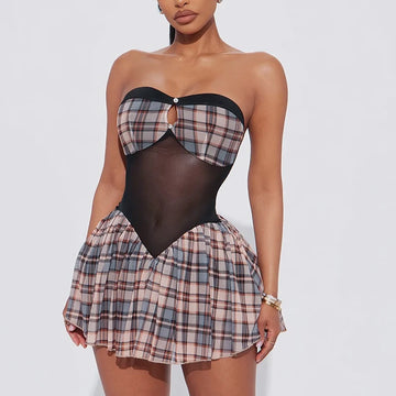 Women Plaid Mesh Patchwork One Shoulder Sheath Button Hollow Out Backless Pleated Ultra Short Dress Hottie Y2K Dress